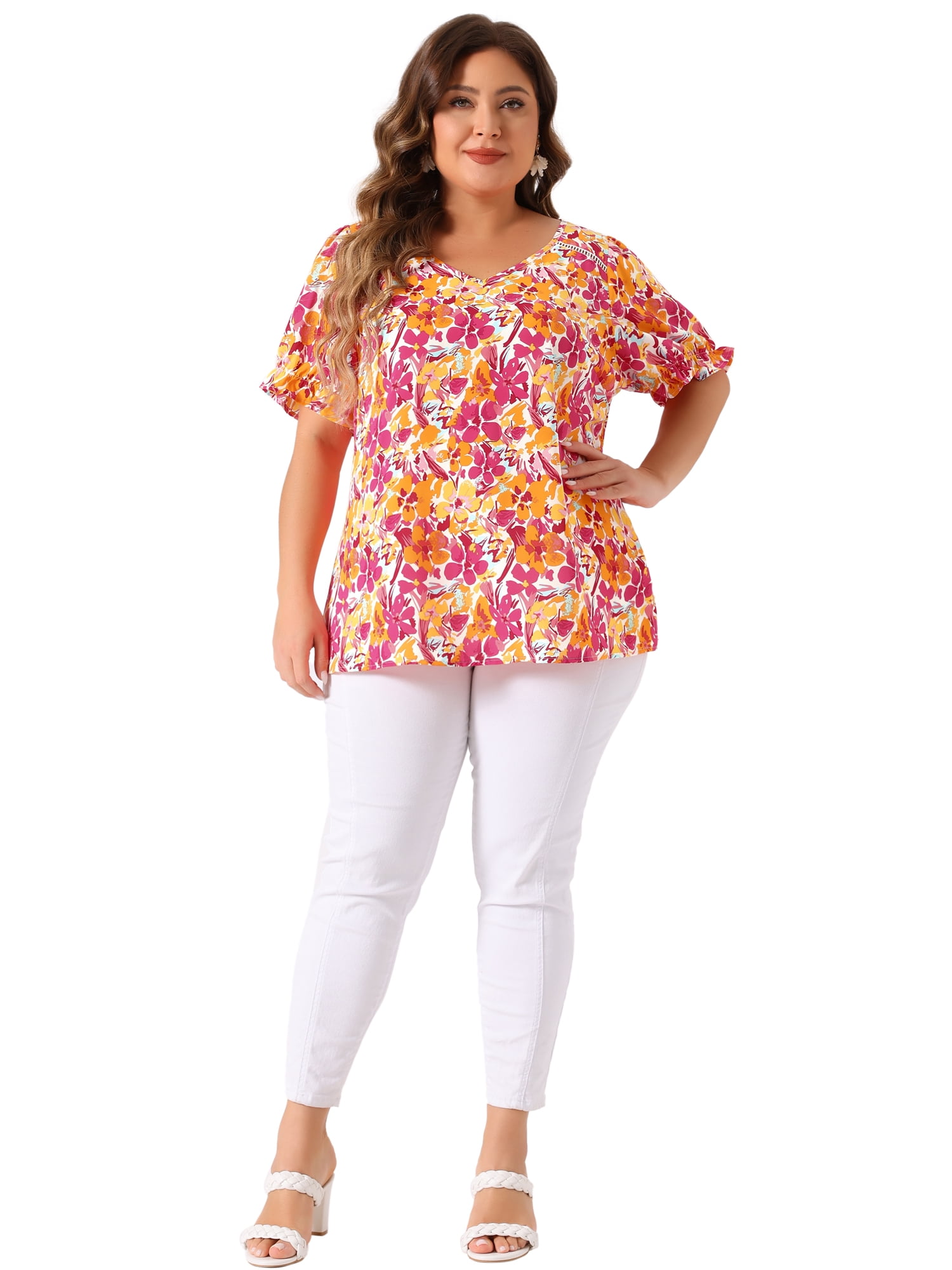 Unique Bargains Women's Plus Size V Neck Short Sleeve Blouses Chic Tops 1X Pink