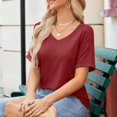 thumbnail image 5 of RYRJJ Womens Summer Tops Short Sleeve Casual Shirts Loose Tee Trendy Basics V Neck Plain Tshirt(Red,L), 5 of 9