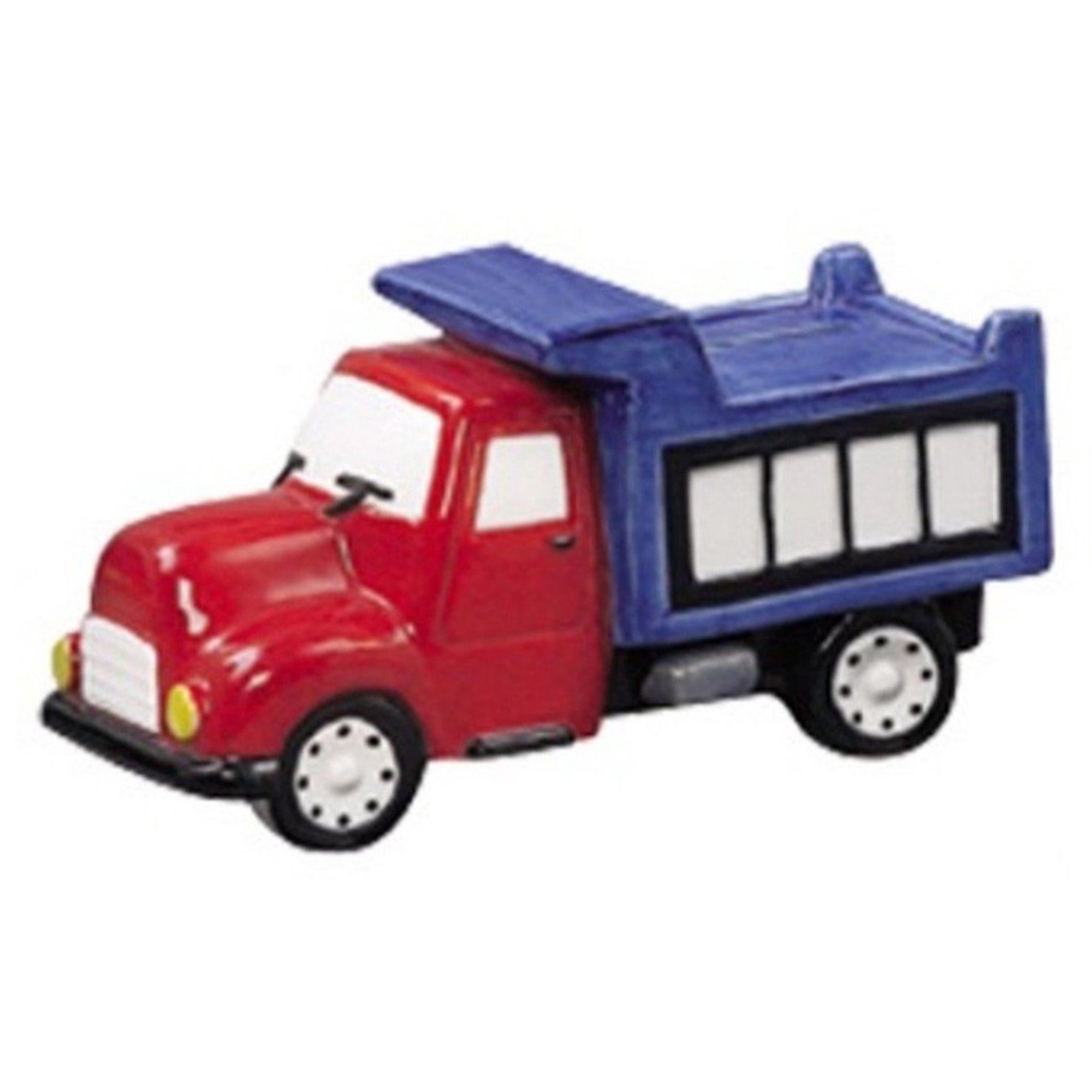 Andrea Sadek Red and Blue Dump Truck Ceramic Coin Bank 6.25 Inch