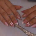 thumbnail image 1 of Uñas postizas adhesivas LPOODDNU almendradas rosa con lazo 3D y brillo, 24 piezas, 1 of 7