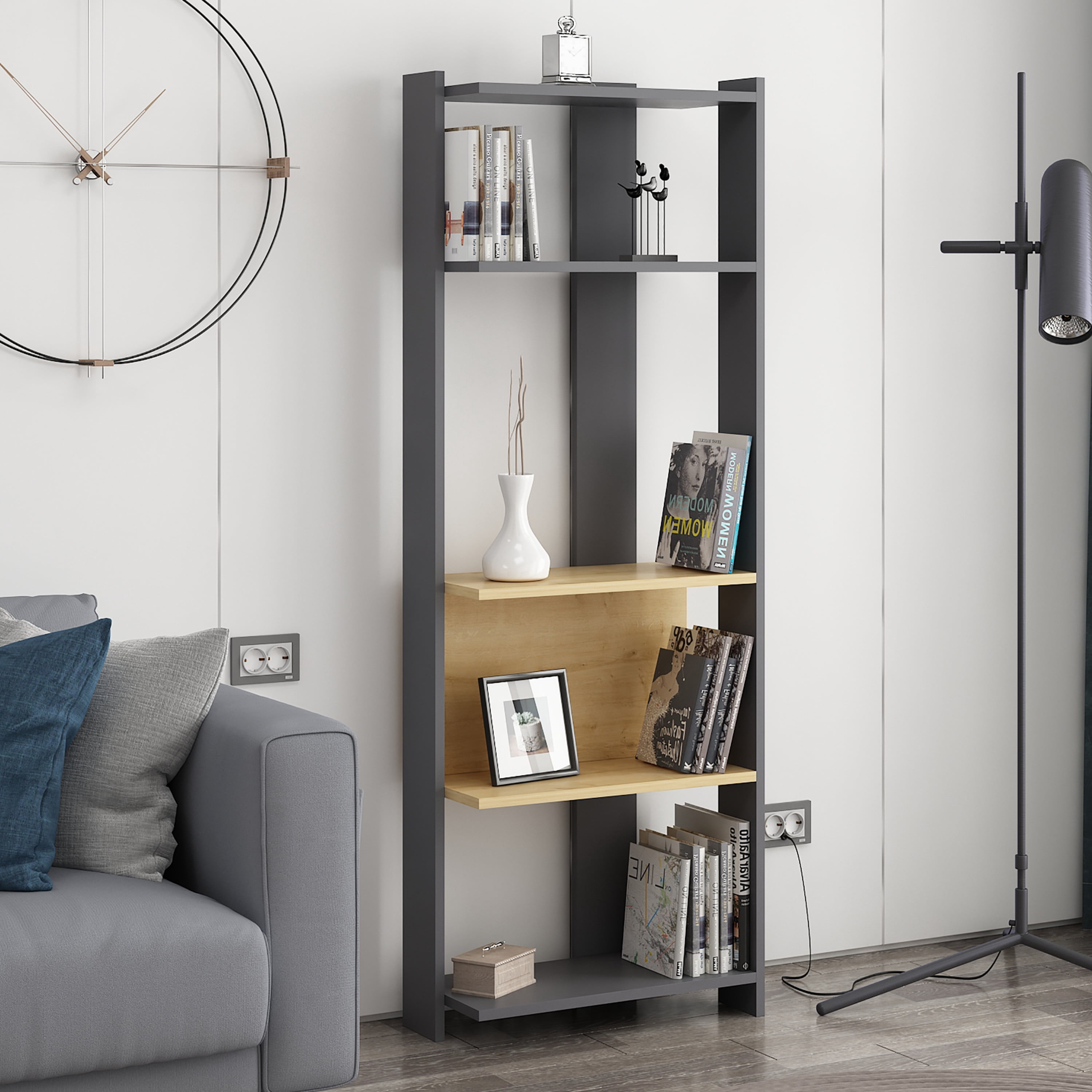 Ada Home Decor Abis 4 Tier Open Shelf Narrow Modern Bookcase, Anthracite/Oak
