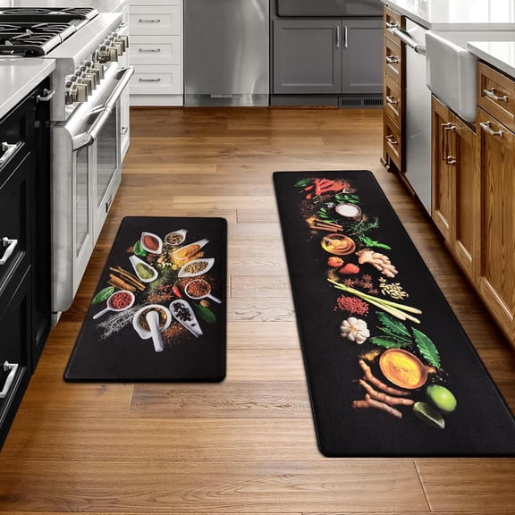 Spice Kitchen Mats for Floor, Black Anti Fatigue Cushioned Kitchen Rug Set of 2 Non Slip Waterproof Kitchen Mats Washable for Kitchen Sink Laundry 18x30 18x48 in