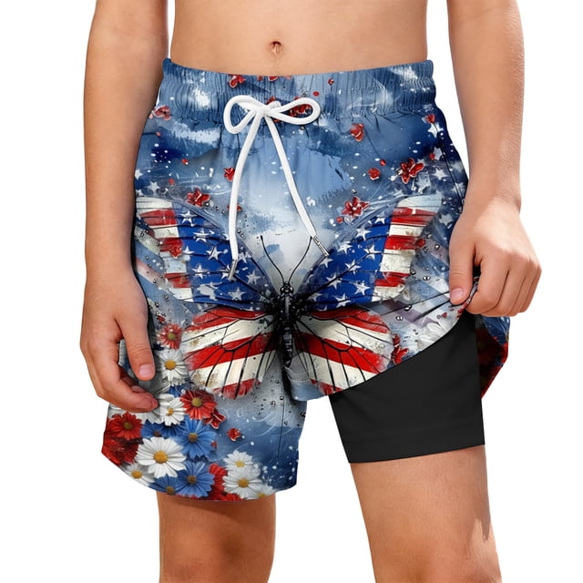 Odeerbi Boys Independence Day Swim Pantalones Patriotic Beach 2-In-1 Compression Liner Board Shorts Con Bolsillos
