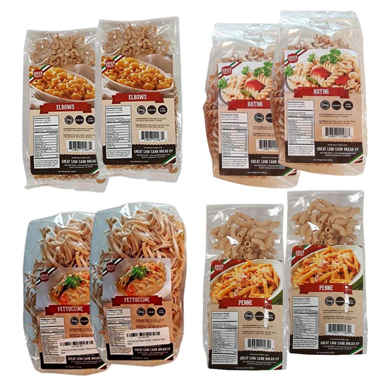 8 Pack Assortment Low Carb Pasta, Fettuccine, Rotini, Penne, and Elbows