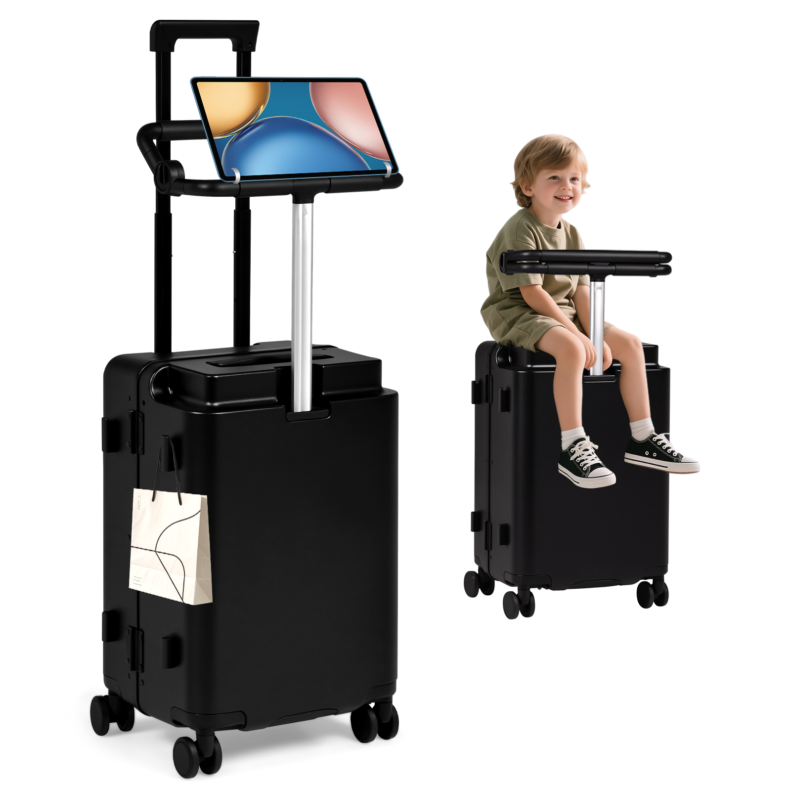 Advwin 20" Ride On Luggage with Foldable Seat, Cup/Tablet Holder, 6 PCs Packing Cube Set & TSA Lock, Hard Shell PC Spinner Travel Suitcase for Kids & Adults, Black