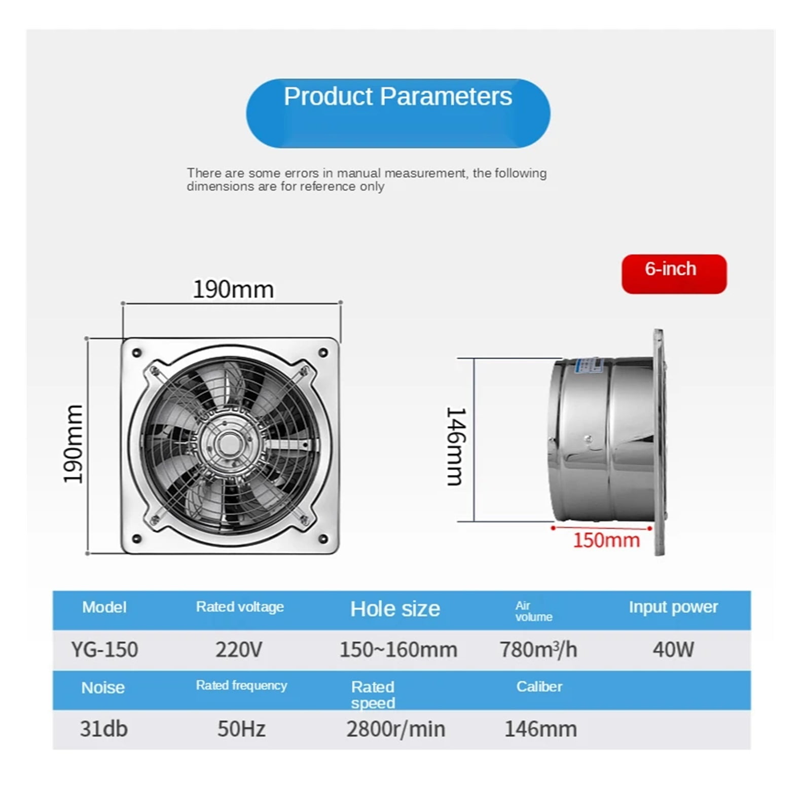 6''7'' Booster Fan Extractor Exhaust Fan Ventilation Pipe Fan For Bathroom Toilet Kitchen Wall Window Stainless Steel Fan ,Energy-Efficient