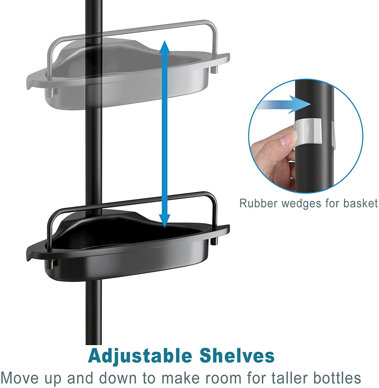 5/4-Tier Adjustable Shelves with Tension Pole, Rustproof Shower Corner  ,Bathtub Storage Organizer for Bathroom，Black