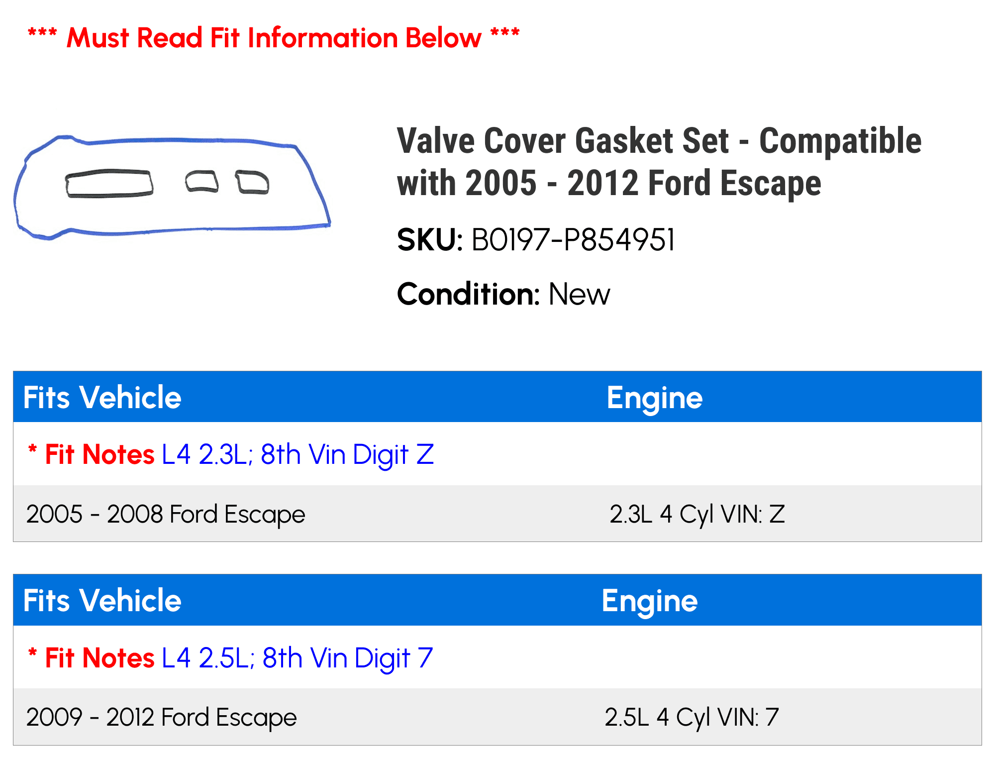 Valve Cover Gasket Set - Compatible with 2005 - 2012 Ford Escape 2006 2007 2008 2009 2010 2011