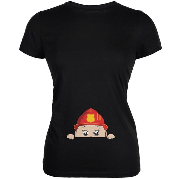 Peeking Baby Fireman Black Juniors Soft T-Shirt - 2X-Large