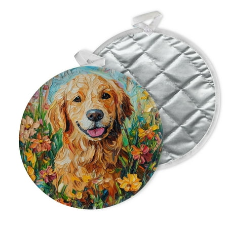 

2 PCS Pot Holders for Kitchen Potholders Sets with Hook for Oven Cooking Baking Golden Retriever In Field Of Flowers