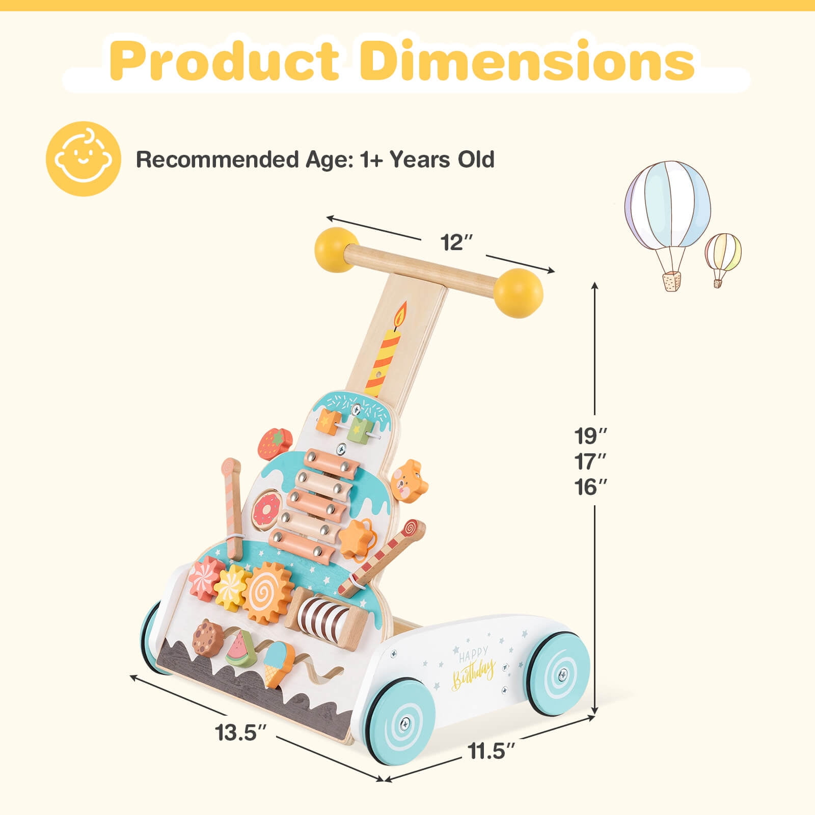 Infans Wooden Baby Walker Ice Cream Cart Toy with Sweet Accessories & Smooth Wheels