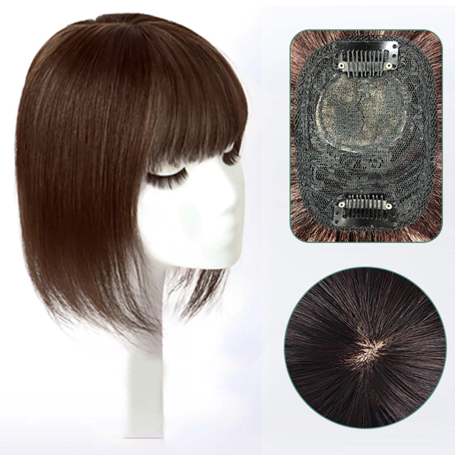 viviabella Hair Toppers for Women Clip in Human Hair Pieces With Bangs 8” 12” Silk Base Crown Top Toupee Fringe for Loss Thinning Hair Replacement Extensions for Straight Hair