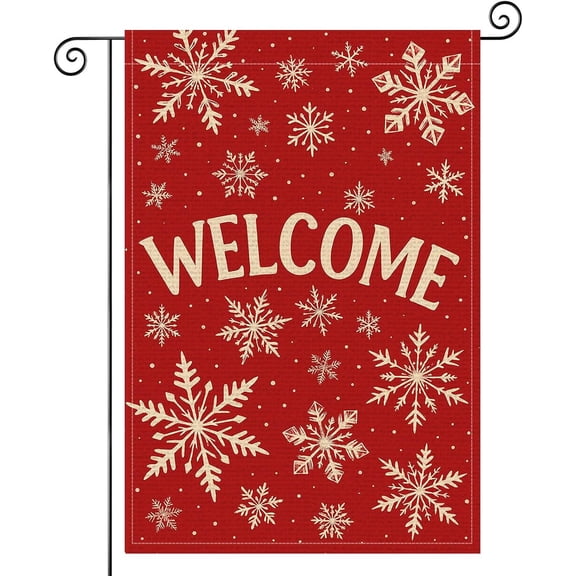 Welcome Merry Christmas Garden Flag 12x18 Inch Double-Sided Burlap Red Snowflake Pattern Winter Holiday Decor