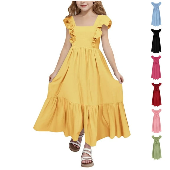 Moocorvic Girls Dresses Ruffle Sleeve Backless Tiered Swing Casual Sundress Party Outfits Girls Long Dress 14-15Years,Yellow