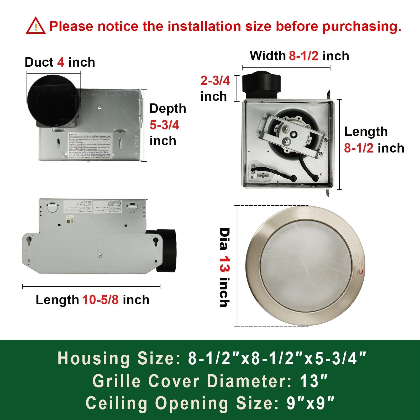 Akicon Bathroom Exhaust Fan with LED Light 80CFM 2.0 Sones with Frosted Glass Cover Brushed Nickel