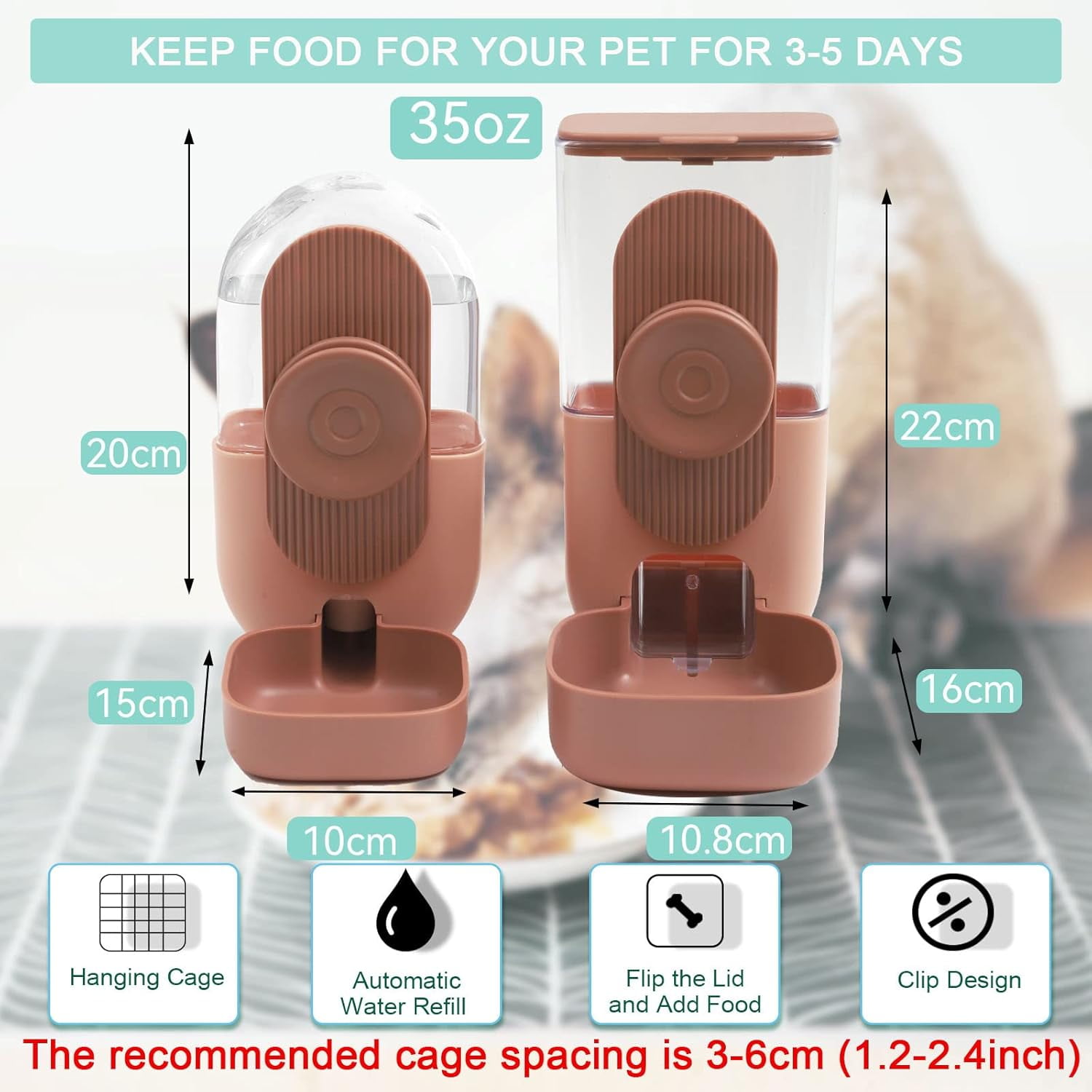 Puseky 2Pcs Hanging Food Water Dispenser, Automatic Gravity Pet Feeders and Waterers for Cats, Dogs, Rabbit, Pink Cage Food Bowl