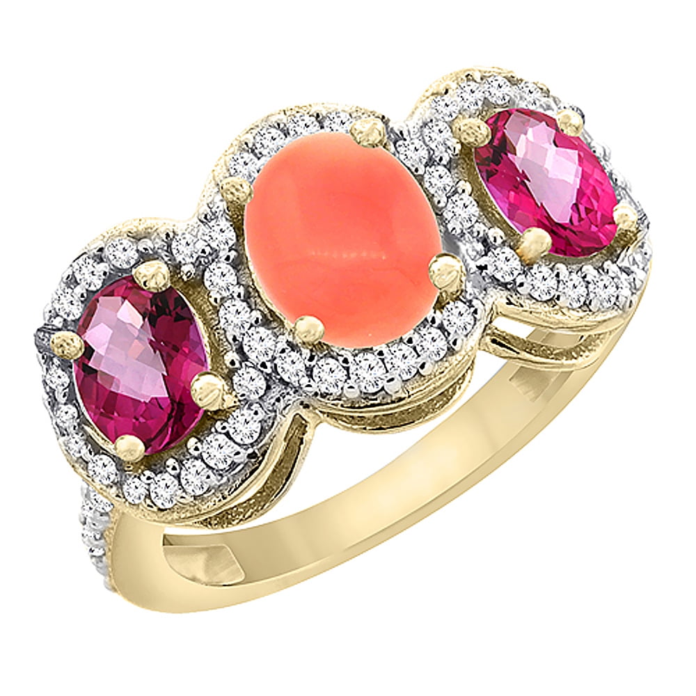 10K Yellow Gold Natural Coral & Pink Topaz 3-Stone Ring Oval Diamond Accent, size 6 by Gabriella Gold