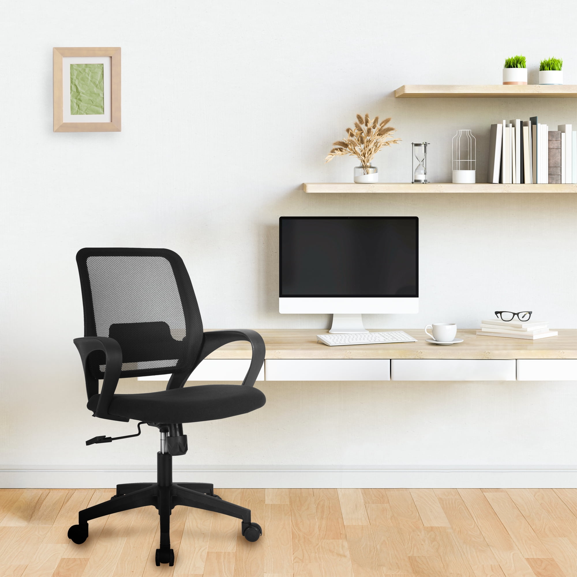 NEO Chair Office Desk Ergonomic Mesh Computer Chair with Lumbar Support Adjustable Height Swivel Rolling Wheels Comfy Mid Back Task Chair for Home Bedroom Vanity Study (Black)