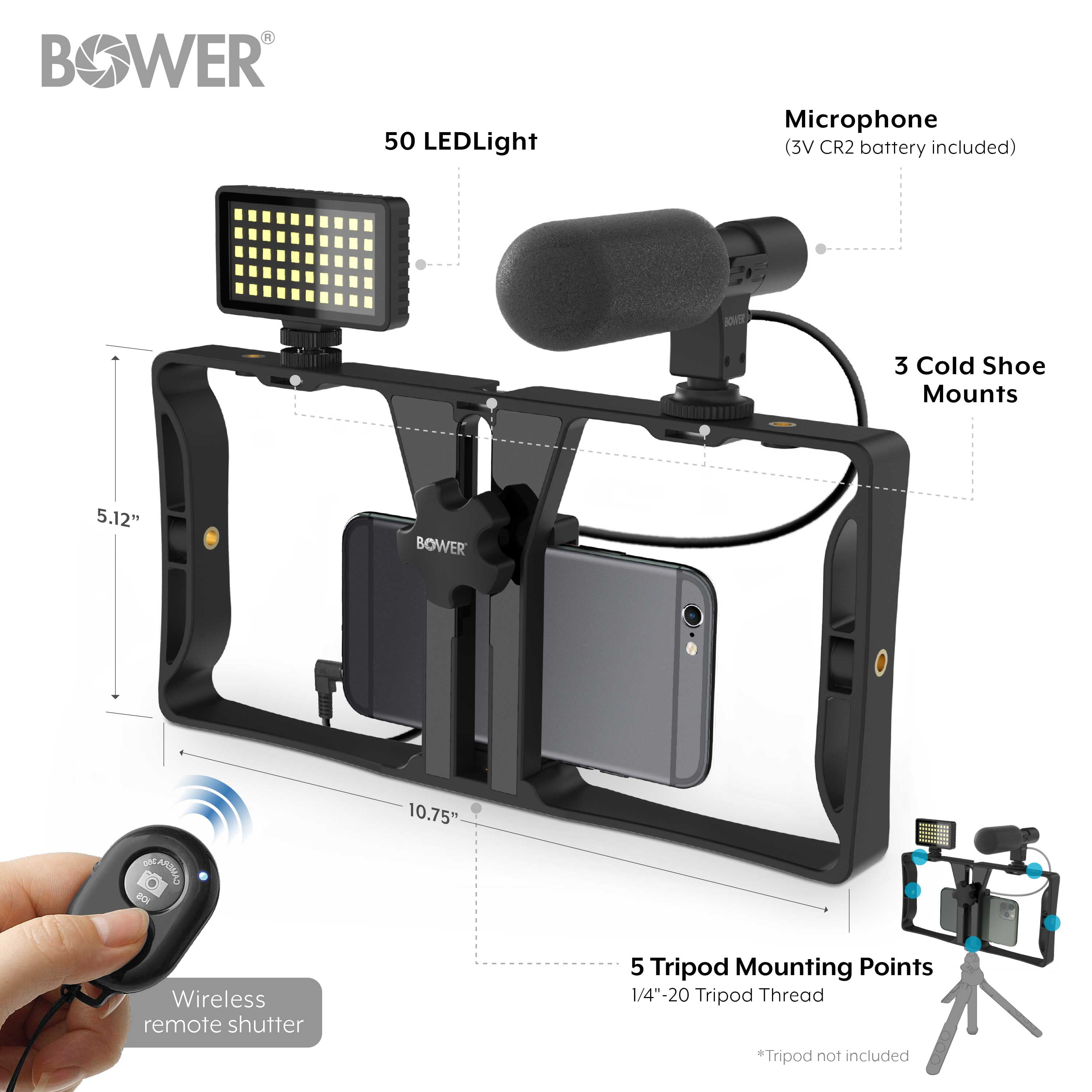 Bower Ultimate Vlogger Pro Kit with Smartphone Rig, HD Microphone, 50 LED Light, 3 Diffusers / Filters, and Shutter Remote