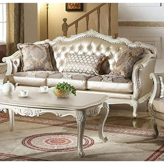 ACME Chantelle Sofa w/3 Pillows, Rose Gold PU/Fabric & Pearl White-Color:Rose Gold PU/Fabric & Pearl White,Quantity:1,Style:Vintage/Traditional
