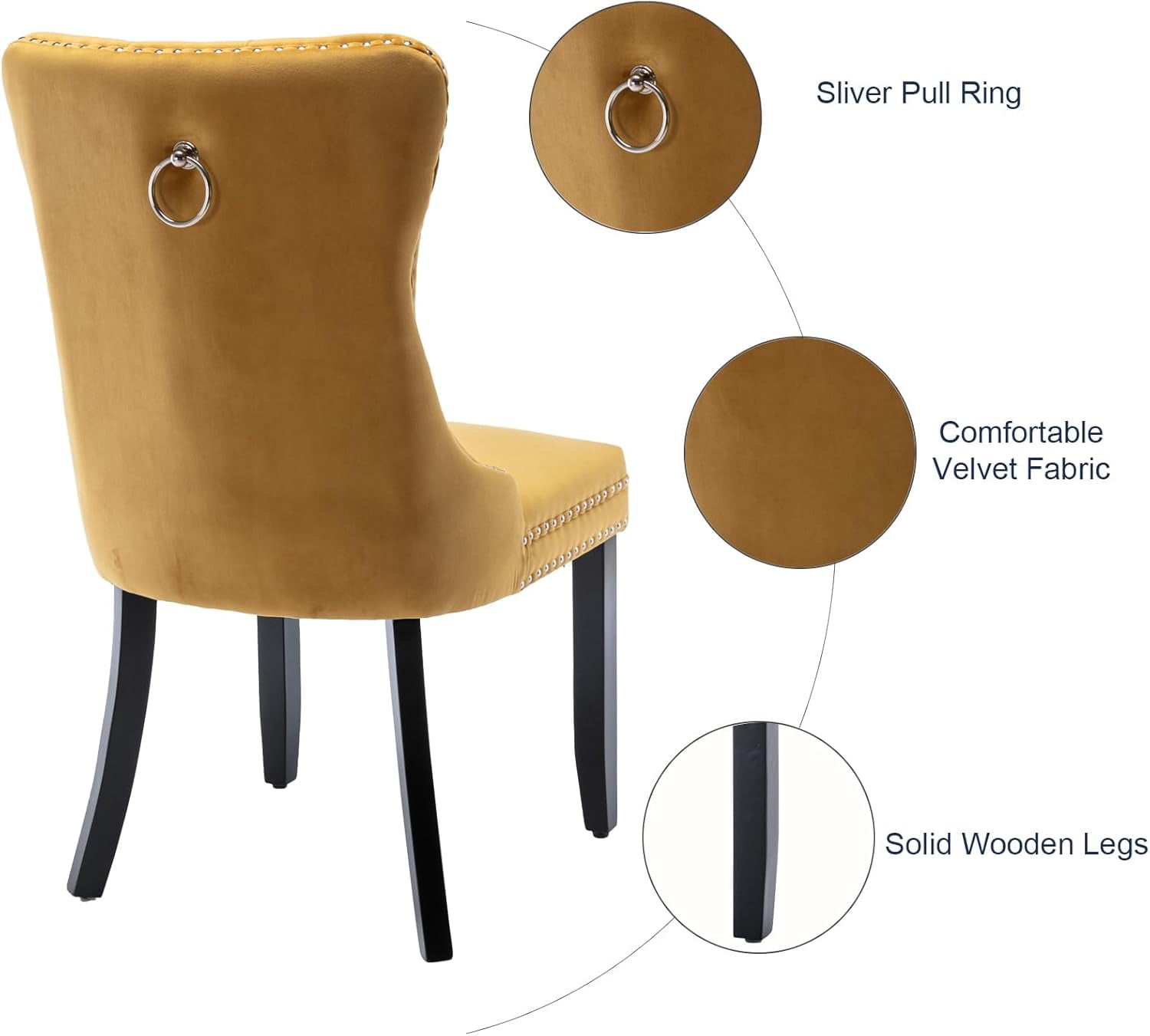 MOONMISS Dining Chairs 2-Pcs Set, High-end Velvet Upholstered Accent Chairs Button Tufted Dining Chairs with Back Ring Pull and Nailhead Trim,Yellow