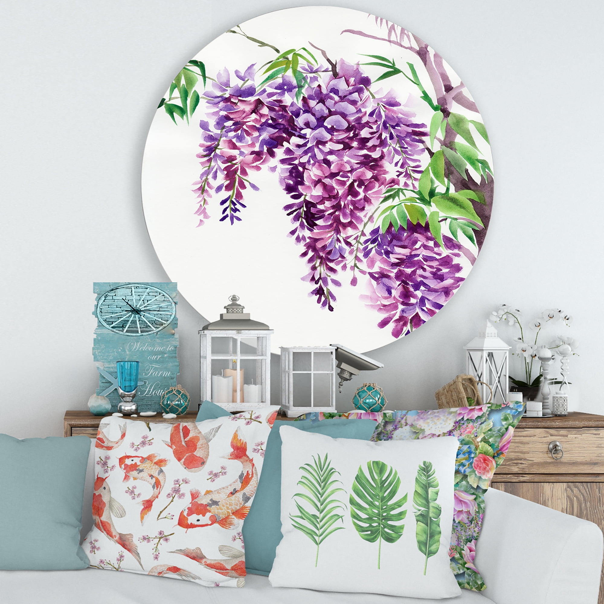 Designart 'Wisteria Purple Branches' Traditional Circle Metal Wall Art 36x36 - Disc of 36