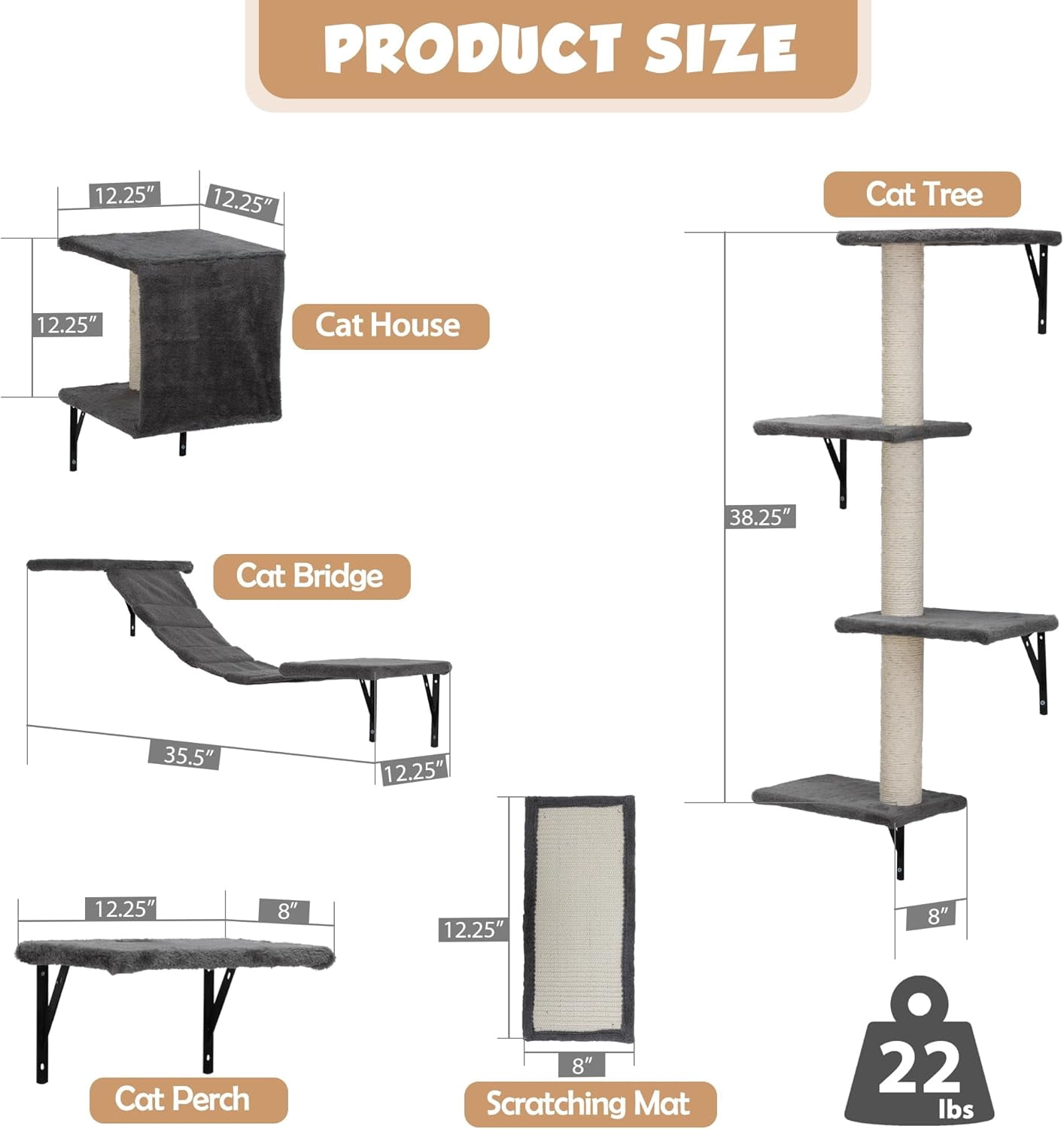 Cat Wall Shelves, Wall-Mounted Cat Climber Set of 5, Floating Cat Perches, Hanging Cat Beds, Modern Cat Furniture for Large Cats or Kitty (Grey)