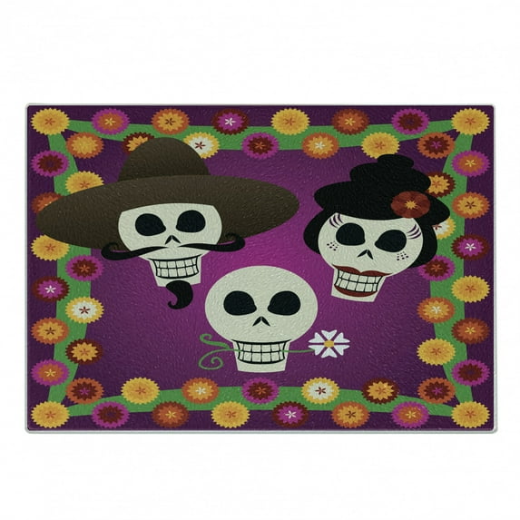Hispanic Cutting Board, Traditional Sugar Skulls with Mexican Folk Items and Flowers Cartoon, Decorative Tempered Glass Cutting and Serving Board, in 3 Sizes, by Ambesonne