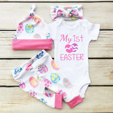 2019 My 1st Easter 4PCS Newborn Infant Baby Girl Boy Tops Romper+Pants+Hat+Headband Outfits Set Clothes 0-6
