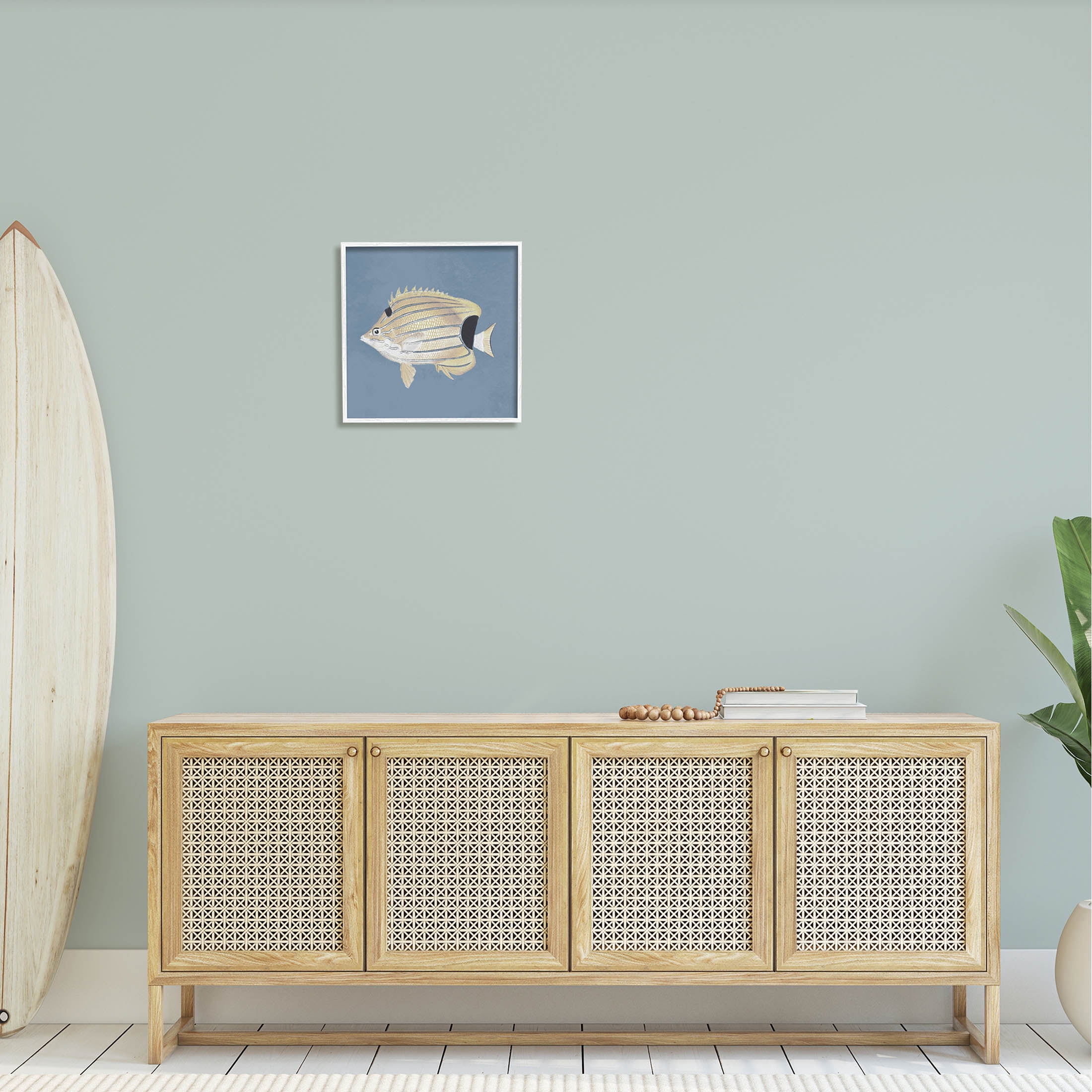 Striped Fish Portrait Blue Background Animals & Insects Graphic Art White Framed Art Print Wall Art