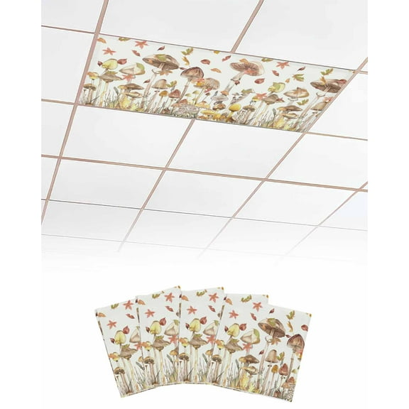 Fluorescent Light Covers for Ceiling Lights 4 Pack, Fall Mushroom Magnetic Ceiling Light Covers 2x4 Feet for Classroom Office School, Watercolor Maple Leaf Botanical Overhead Drop Ceiling Light Shade