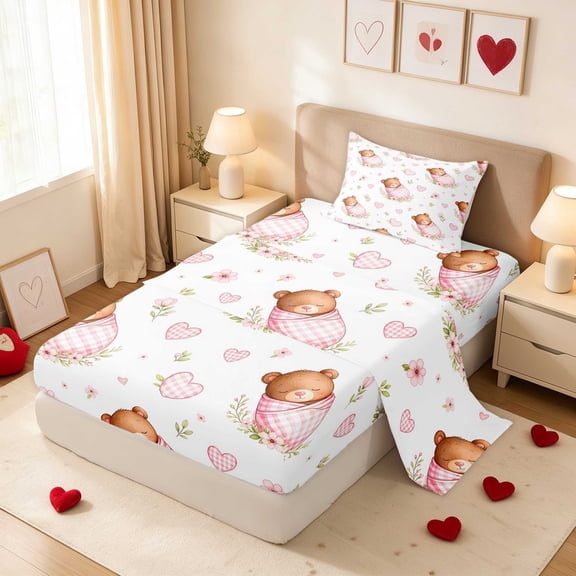 Erosebridal Bear Heart Floral Animal Twin Sheets for Girls, Cute Woodland Botanical Bedding, 3pcs (1 Flat Sheet, 1 Fitted Sheet and 1 Pillowcase)