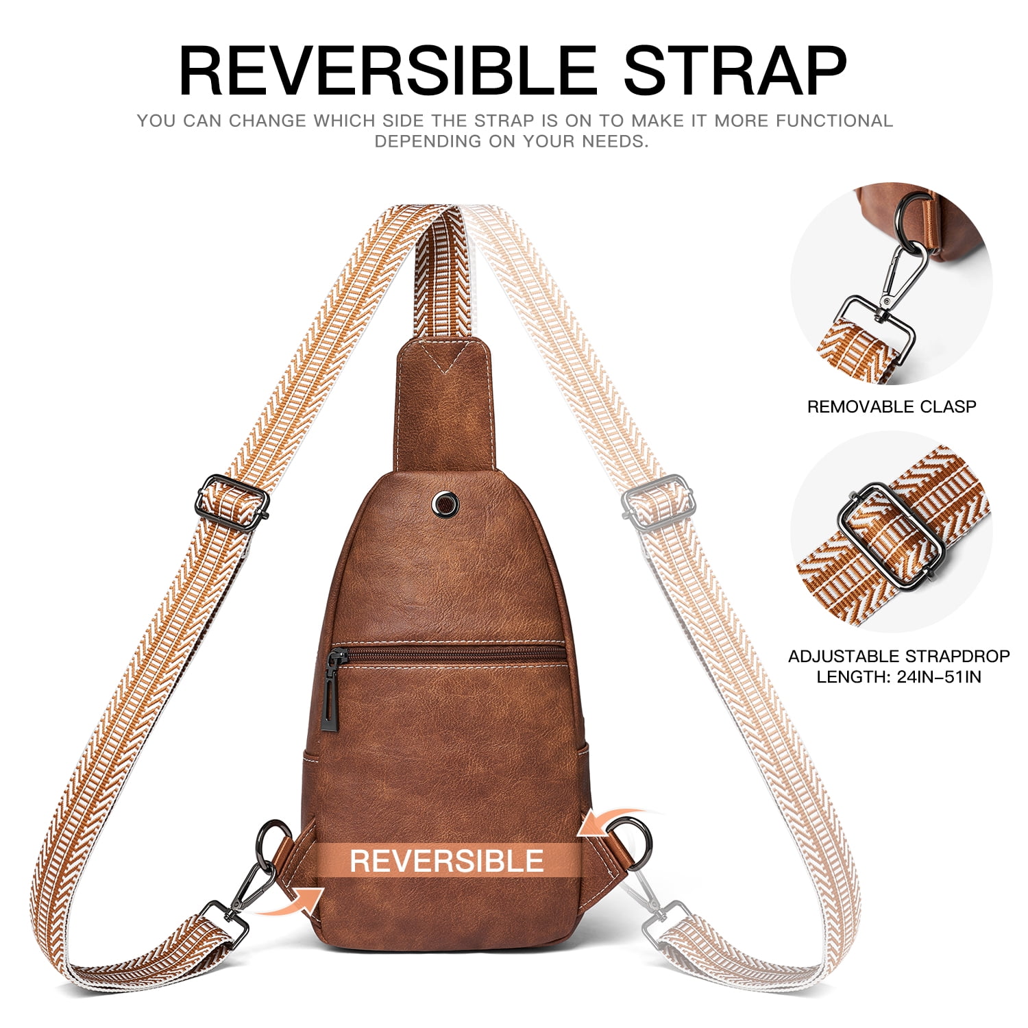 LATMAP  Crossbody Sling Bag for Women & Men, Leather Anti-Theft Hiking Fanny Pack，Brown