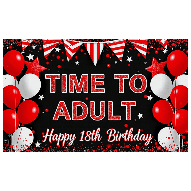 Red White Balloon Star Themed Happy 18th Birthday Banner, Time to Adult Backdrop Party Decorations Photography Props Decor Background for Birthday Party Celebration Event Photo Booth