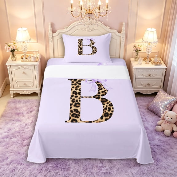 Manfei Vintage Leopard Print Letter Monogrammed B Twin Sheet Sets 3pcs for Girls Women,Purple Ribbon Bow Knot Bedding for Kids Teens,Super Cozy Room Decor