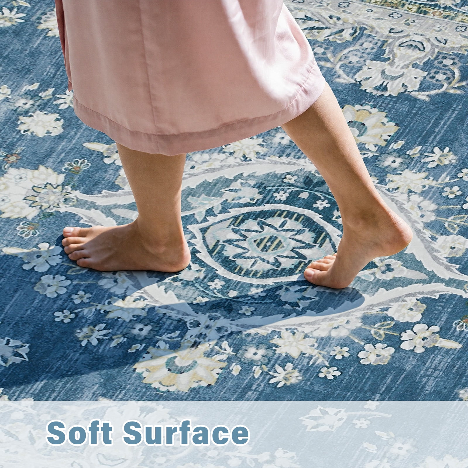 8'x10' Area Rugs for Living Room Washable, Blue Medallion  Vintage Boho Non Slip Rug- Oriental Traditional Farmhouse Carpet for Bedrooms Dining Room, Living Room, Home Office.