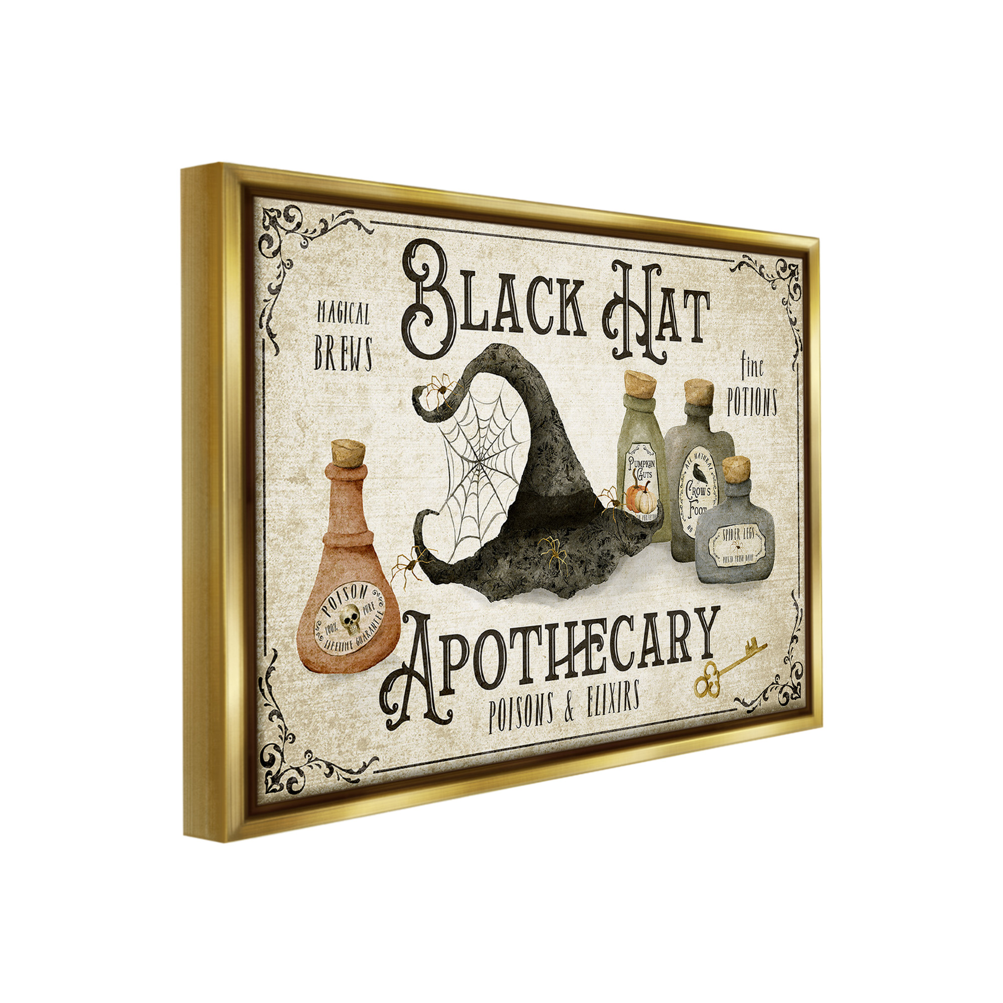 Stupell Industries Vintage Black Hat Apothecary Holiday Painting Gold Floater Framed Canvas Art Print Wall Art, 31 x 25