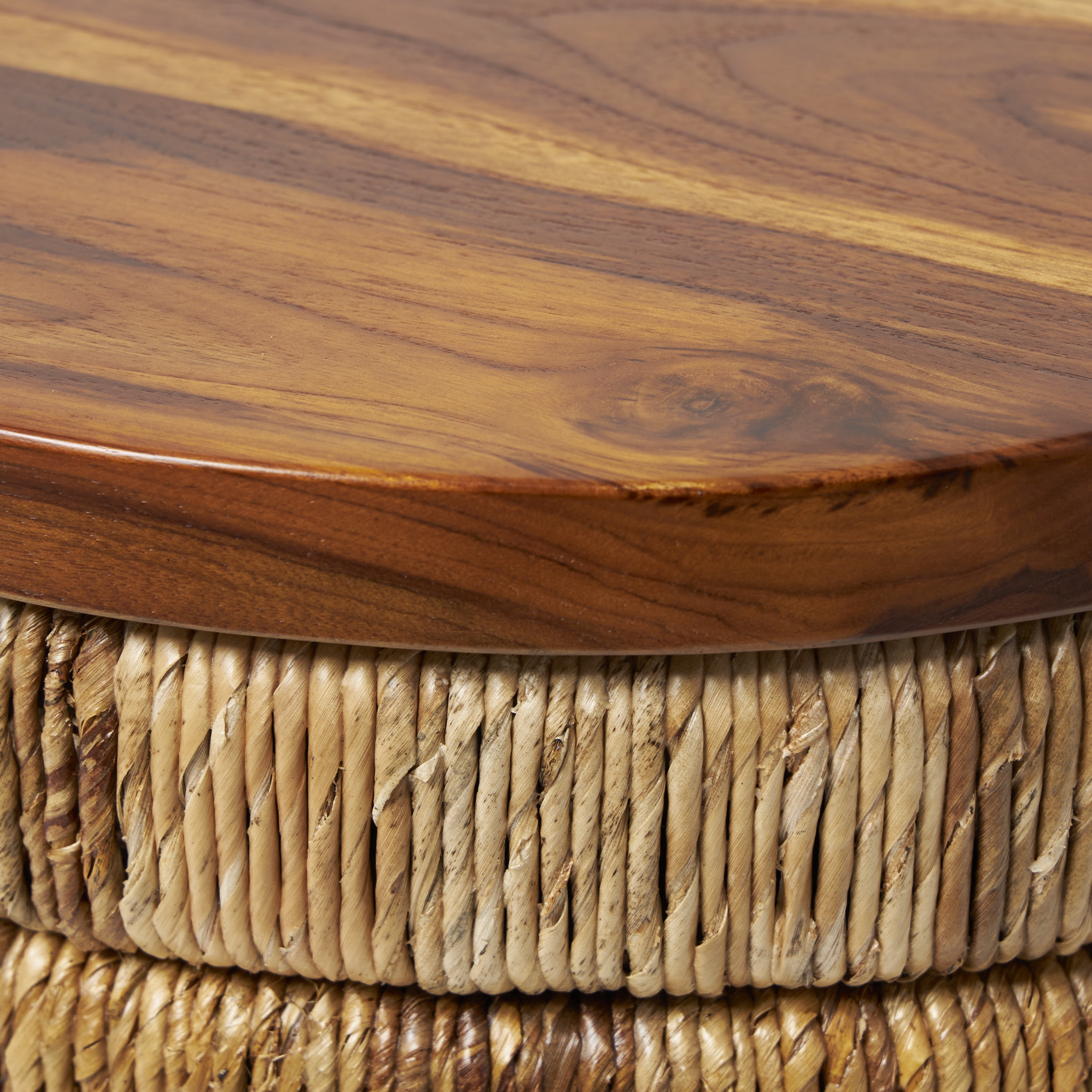 DecMode 18" x 18" Brown Seagrass Handmade Linear Wrapped Accent Table with Teak Wood Top, 1-Piece