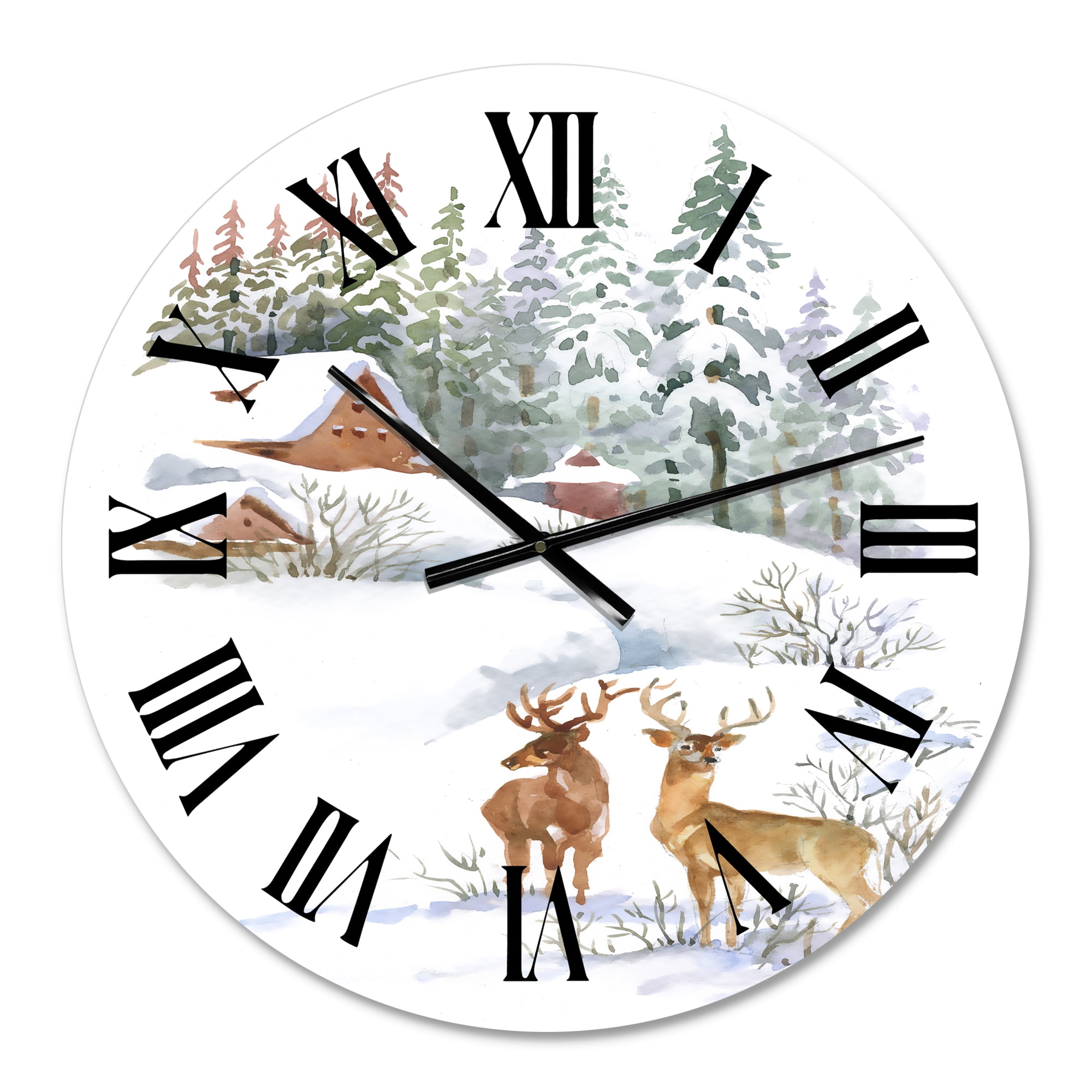 Designart 'Winter Cottage With Two Deers' Farmhouse Wall Clock