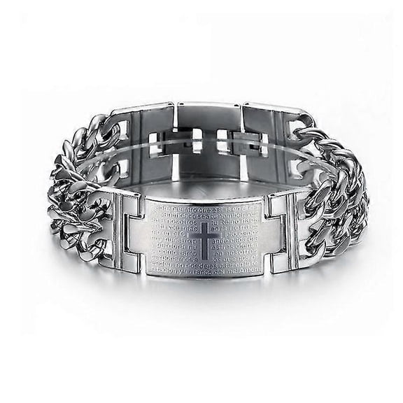 Newest Upgraded Mens Bracelet Vintage Stainless Steel Black Cross Bible Lords Prayer Wristband New