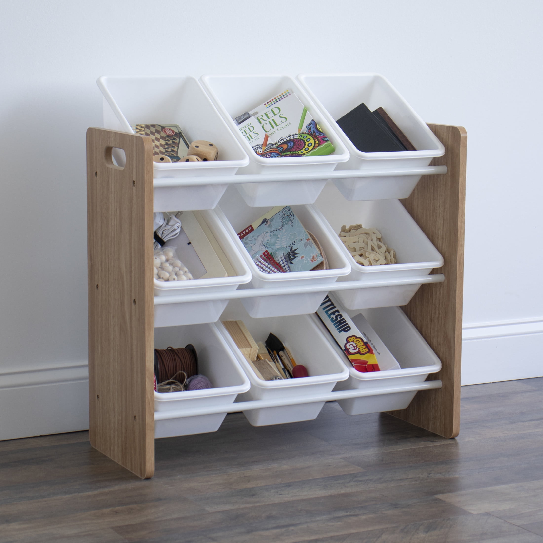 Humble Crew Journey Toy Storage Organizer with 9 Plastic Storage Bins, Natural/White