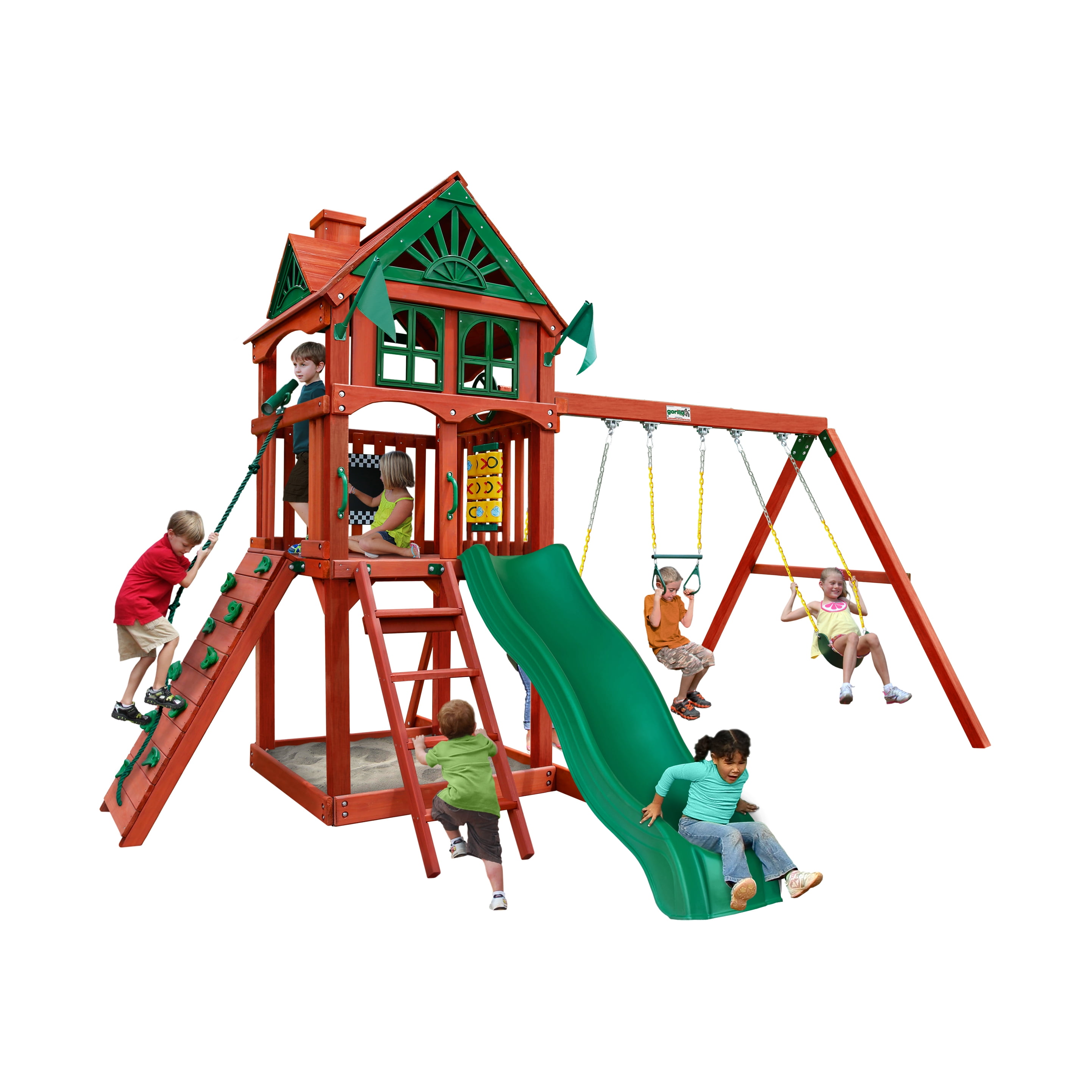 Gorilla Playsets Five Star II Wooden Swing Set with Rock Climbing Wall