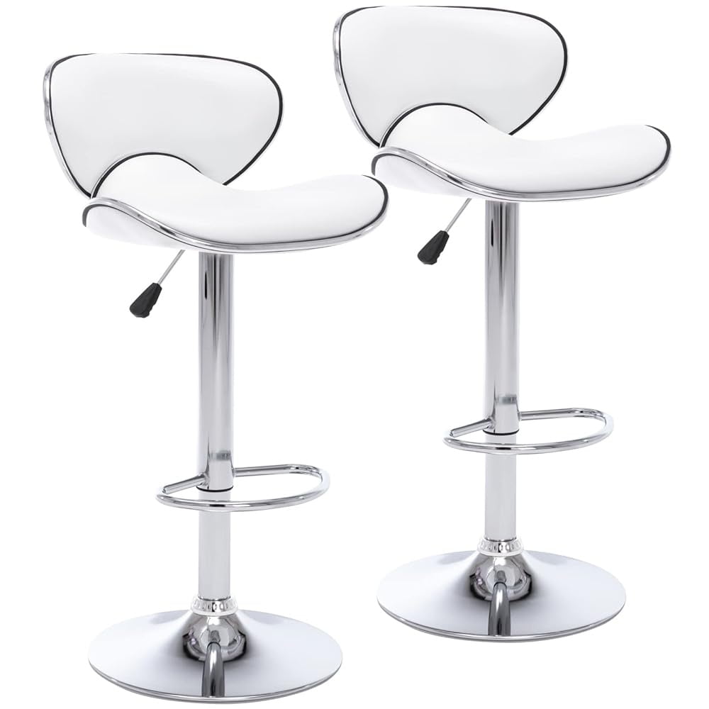 Bar Stools Set of 2, PU Leather Adjustable Swivel Bar Chairs for Kitchen Counter Island, Modern Armless Shell-Shaped Counter Height Stools for Dining Room Café Pub (White)