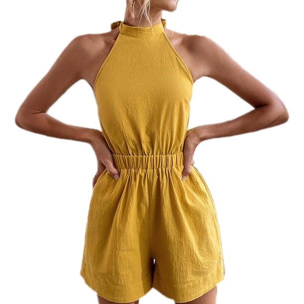 Gibobby pantalones de yoga Mono de color sólido para mujer, cuello colgante de verano, sin mangas, sin espalda, con cordones(Amarillo, S)