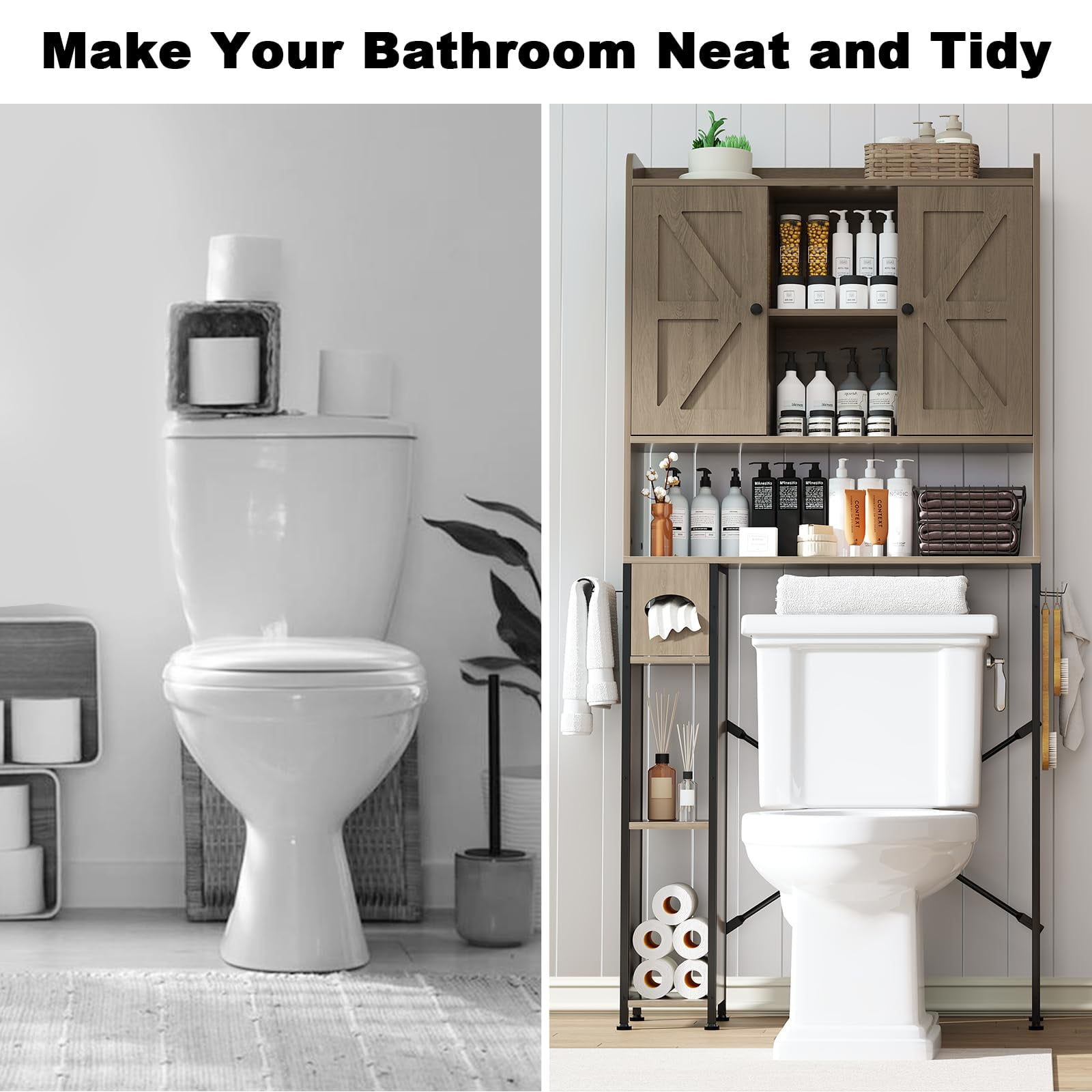 POAO Over the Toilet Storage Cabinet with Metal Frame &7 Storage Shelves,Bathroom Storage Organizer with Adjustable Shelves &Paper Holder,Oak Grey