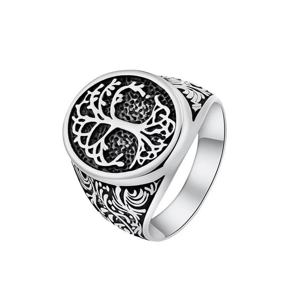 PAMTIER Unisex Stainless Steel Domineering Classic Cool Special Pattern Carved Family Tree of Life Signet Ring Punk Hip Hop Silver Size 7