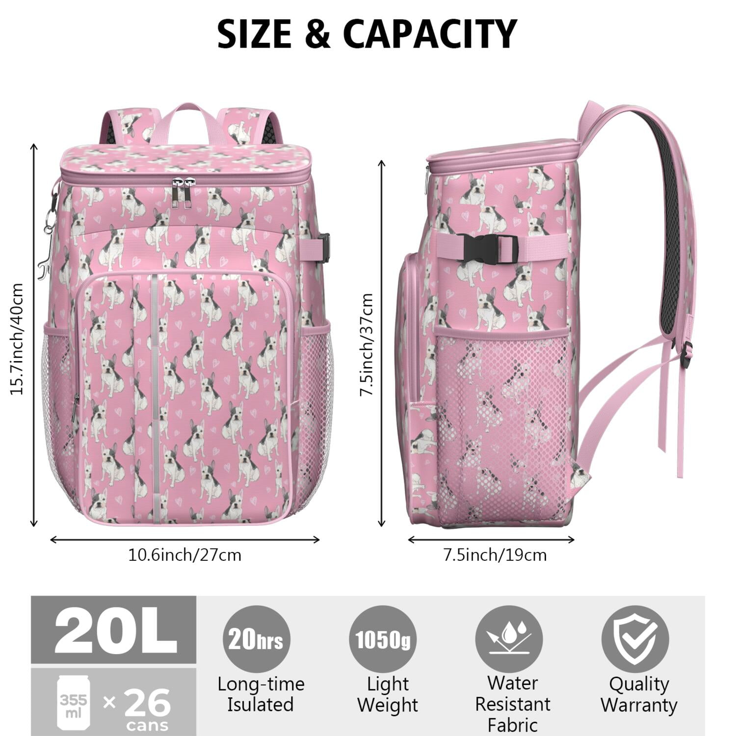 Travel Cooler Bag - Pink French Bulldog Love Heart Camping Beer Cooler Backpack with Bottle Opener- Waterproof Insulated Picnic Backpacks - Cooler Bag for Beach