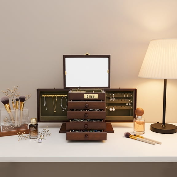 Peakora 5-Layer Wooden Jewelry Box for Women Large-Capacity Vintage Style Storage Box Wood Organizer with Combination Lock for Jewelries Necklaces Rings