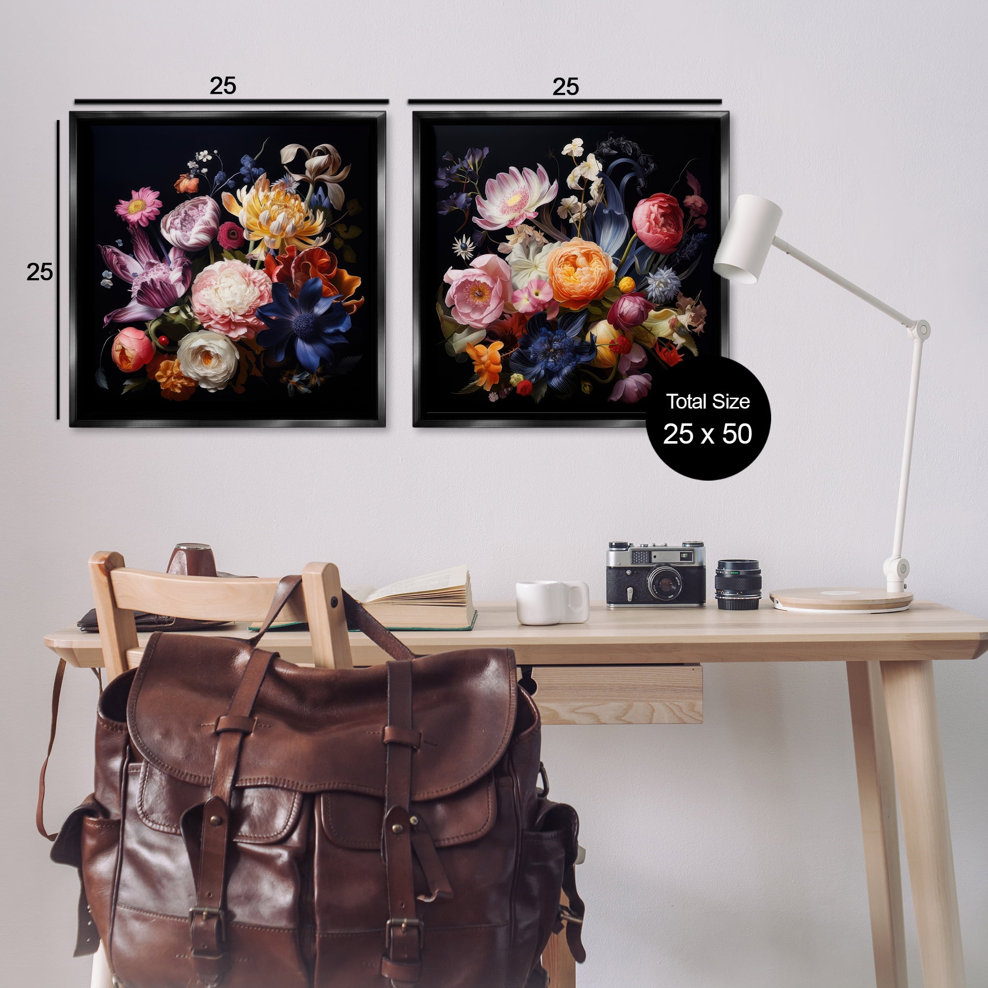 Stupell Industries Exquisite Floral Arrangement Plants & Flowers Painting Black Floater Framed Canvas Art Print Wall Art, 25 x 25, Set of 2