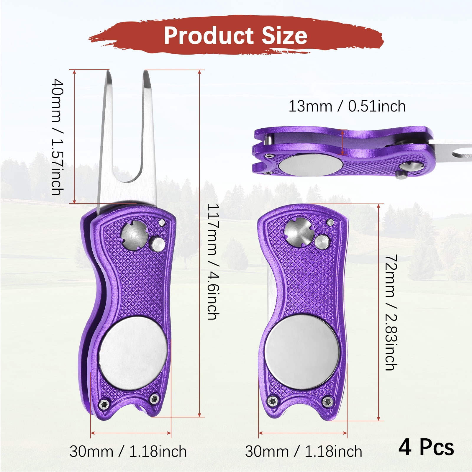 Uxcell Golf Divot Repair Tool [4PCS] - Switch Foldable Divot Tool Rack with Magnetic Ball Marker - [Purple] Green Fork Tines